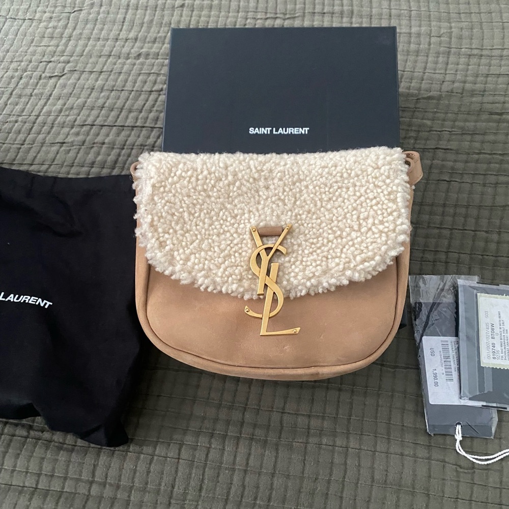 SOLD YSL Kaia Med Besace Suede Shearling Shoulder Bag Tan Ivory